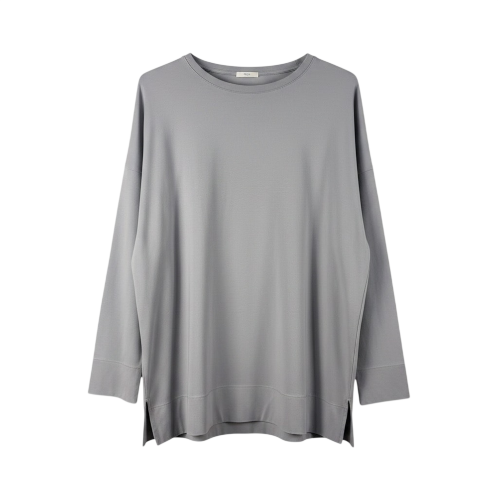 Eileen Fisher grey cotton tunic top with long sleeves, drop shoulders, side slit